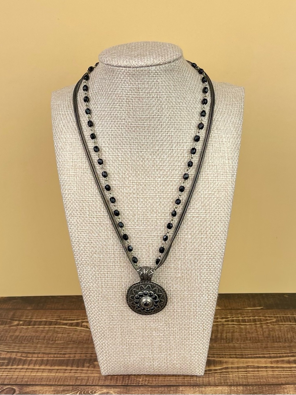 Chico’s Bohemian Gunmetal & Black Beaded Multi-Strand Pendant Necklace